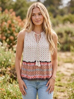 PATRONS OF PEACE Small Boho Floral Peplum Sleeveless Tie Neck Rayon Top